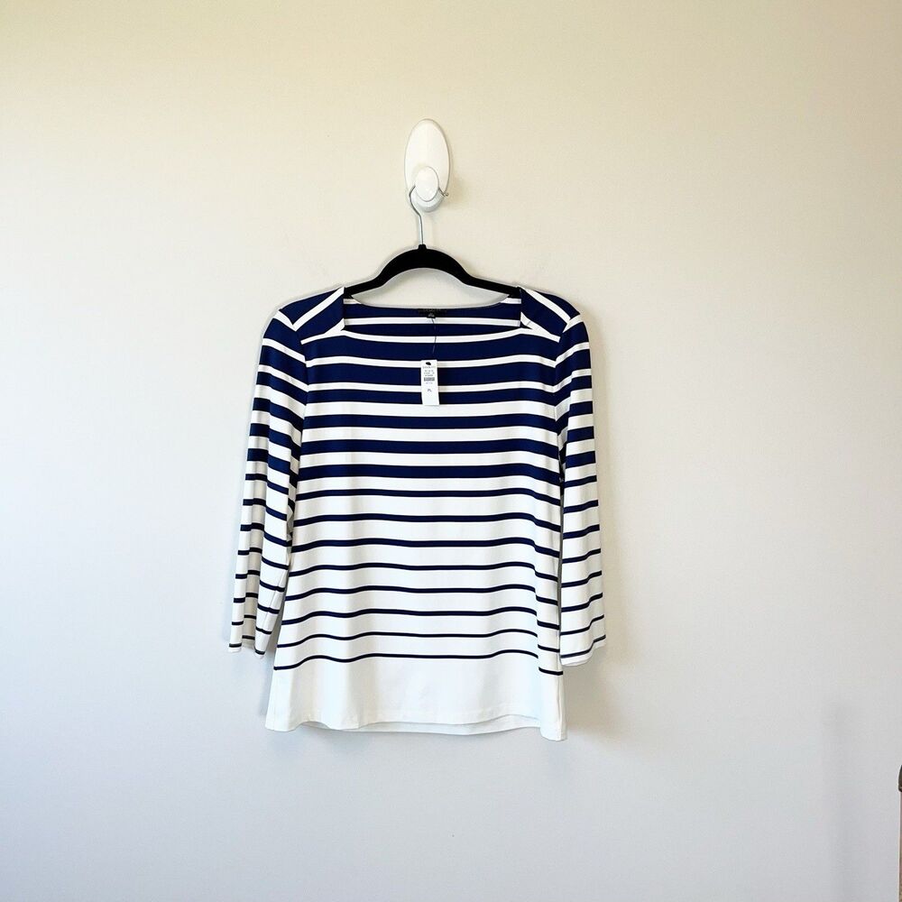 Talbots Jersey Navy Striped Square Neck Top Nautical Petite Size Large NWT's